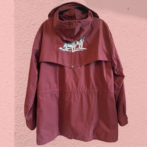 Vintage burgundy utility coat anorak embroidered wolves - Picture 7 of 14